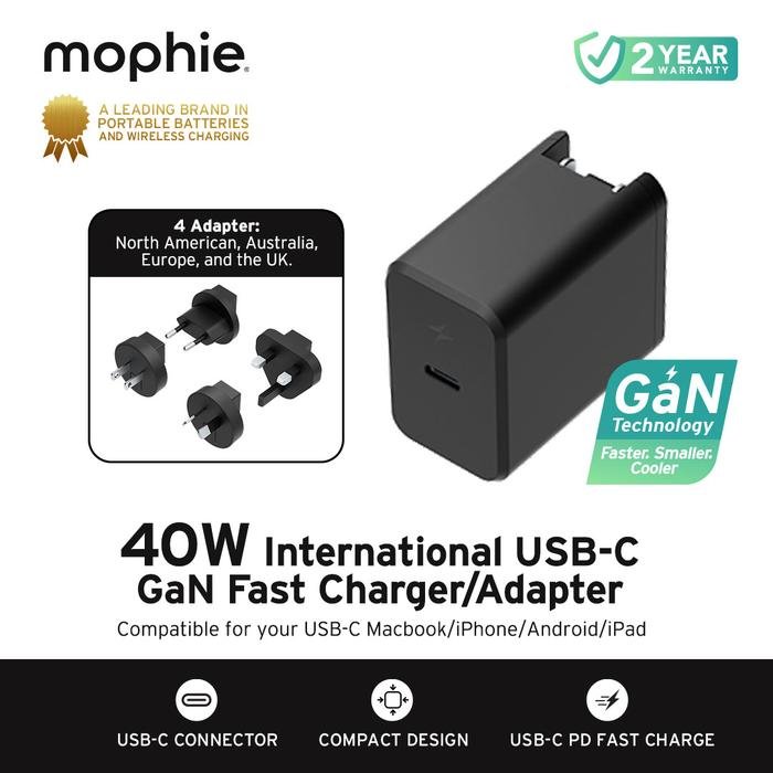 Mophie Wall Global Adapter Adaptor + Travel Charger Charging Pluf Fixec USB C  40w - Black - SFI Group - 2