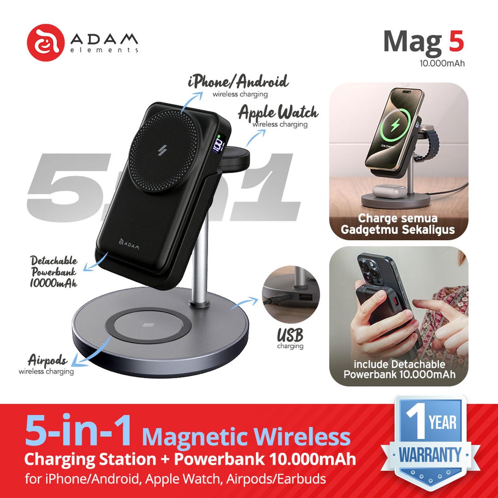 Adam Elements - Magnetic Wireless Charger Charging Station - 10000 mAh - MAG 5 (5-In-1) - SFI Group