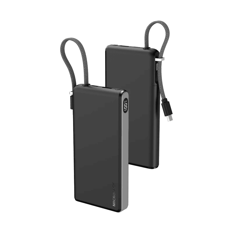 Micropack Powerbank 10.000mAh - Fast Charging 22,5watt - Built-in USB-C Cable - LED Display - Power Bank 10000 mAh - PB-C10 - SFI Group - Black