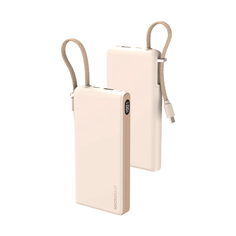 Micropack Powerbank 10.000mAh - Fast Charging 22,5watt - Built-in USB-C Cable - LED Display - Power Bank 10000 mAh - PB-C10 - SFI Group - Cream