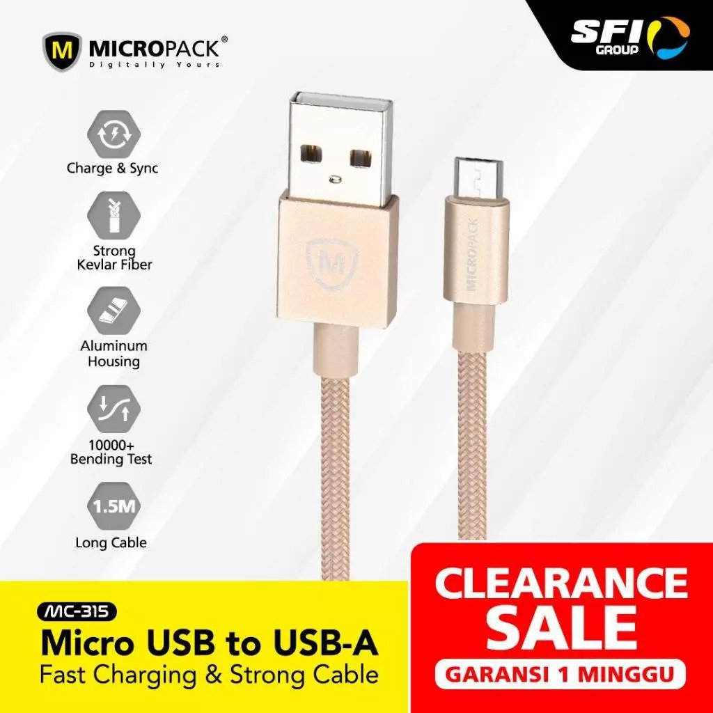 Micropack USB A to Micro USB Cable 1.5 M Fast Charging 3A (MC-315) - Gold