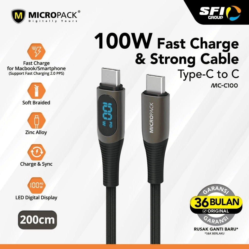 Micropack Cable C to C - Fast Charging & Strong Cable - 100watt - LED Display - Kabel 2 Meter - MC-C100 - SFI Group