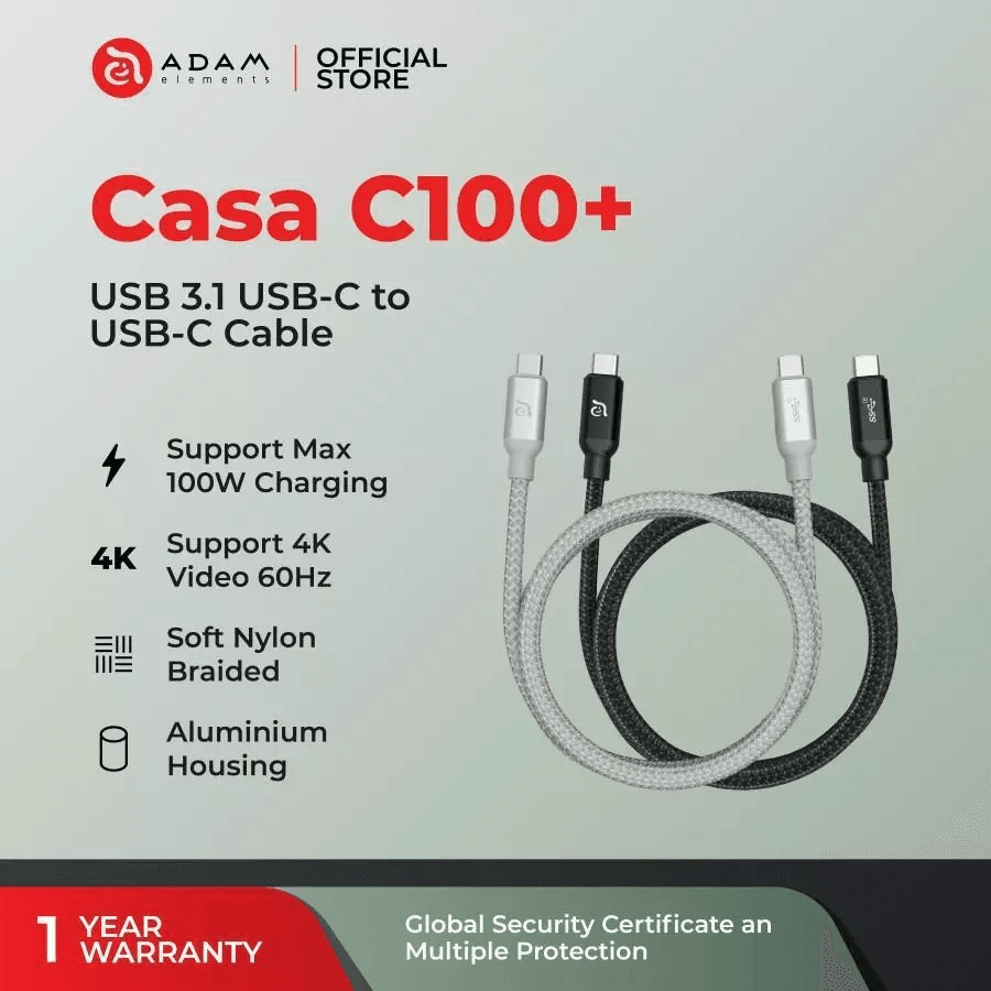 Adam Elements Cable Data USB-C 3.1 - Fast Charging C to C 100W - Nylon Braided - 10 Gbps - 100 cm - Casa C100+ - Black - ACBADC100BK - SFI Group