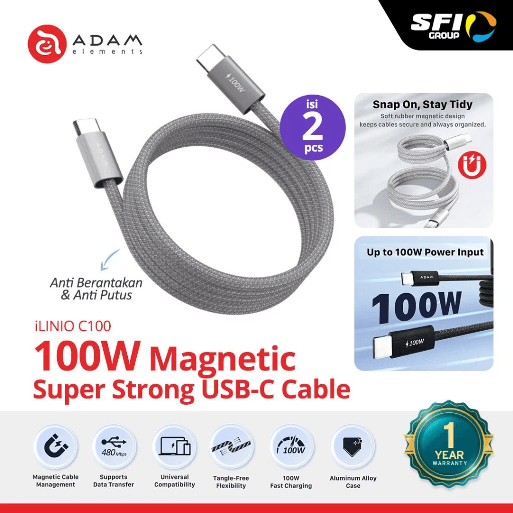 Adam Elements - Ilinio C100 Charging Cable C to C - Isi 2 - Fast Charging Kabel Charger - Cable Magnetic 100W - SFI Group