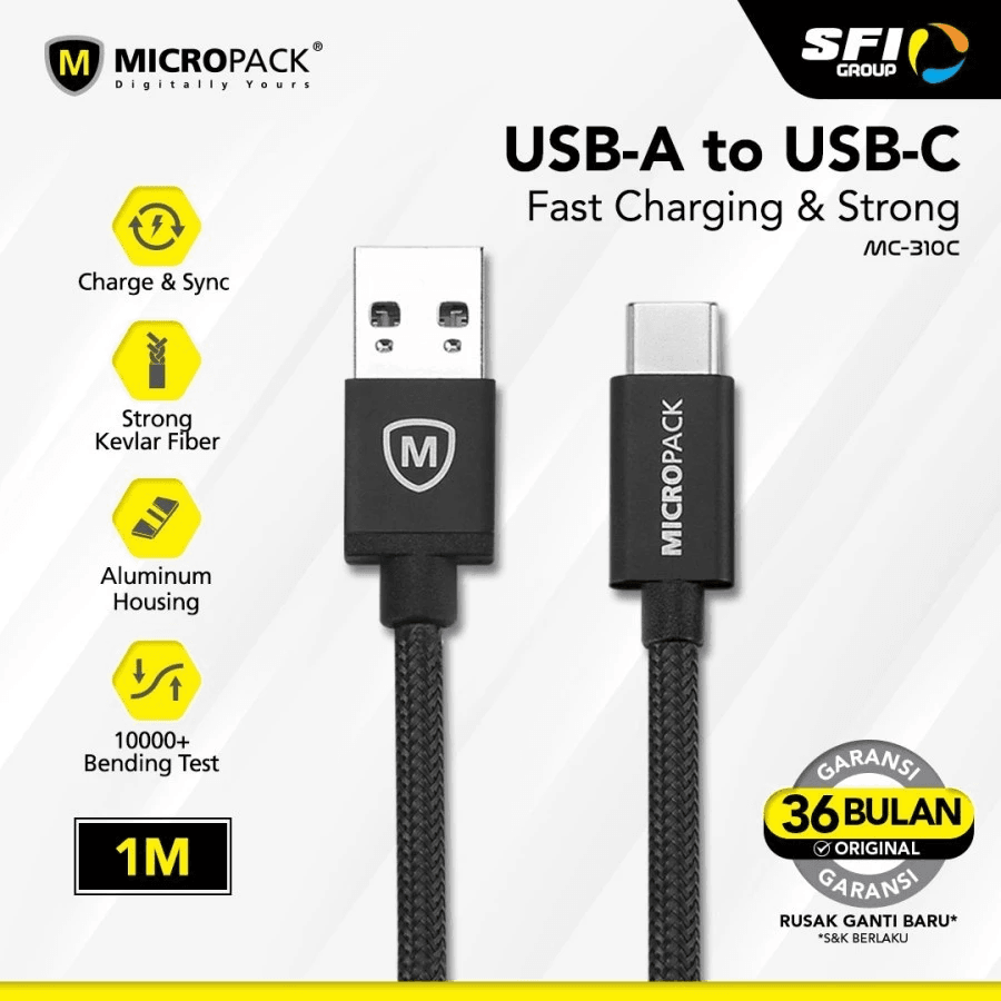Micropack Cable USB A to Micro USB 1M up to 3A Black - MC-310 - SFI Group