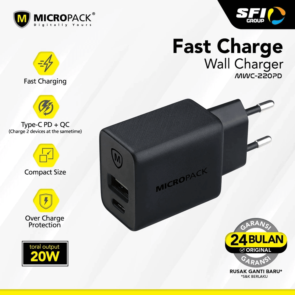 Micropack Wall Charger Dual Ports Fast Charging 20W (MWC-220PD) - SFI Group