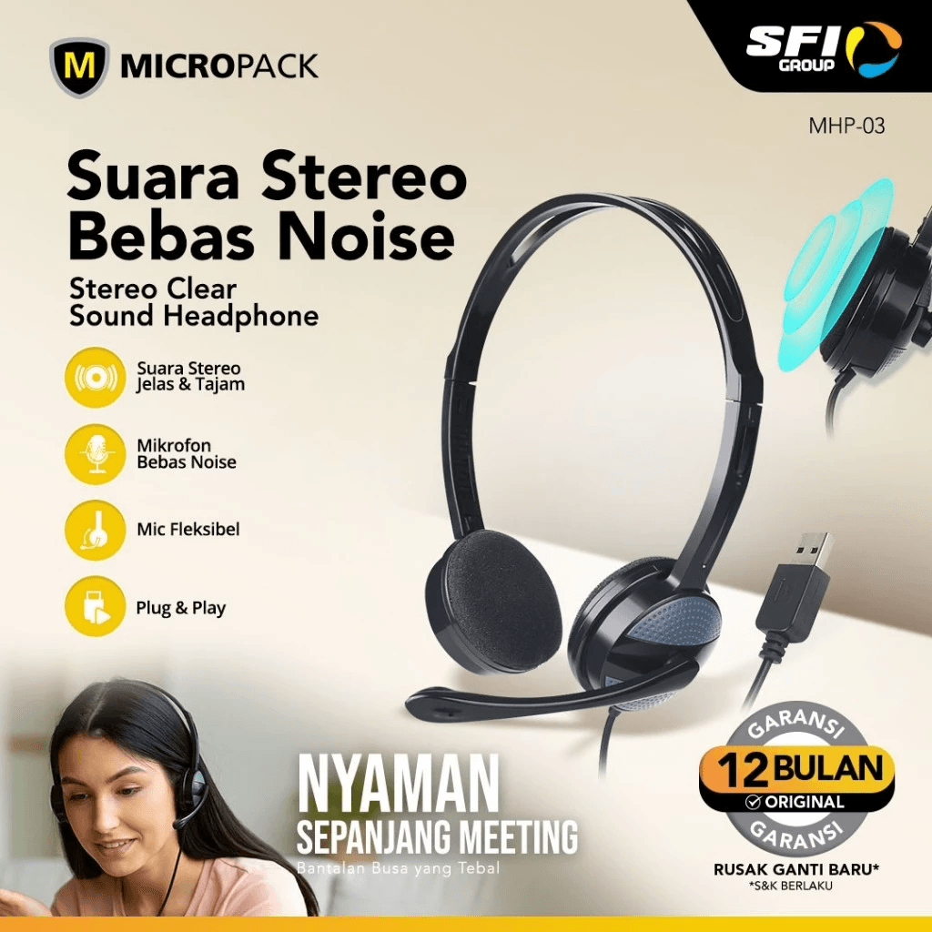 Micropack Headphone - USB Stereo - Microphone For Laptop & PC - Noise Free - Adjustable Headband - MHP-03 - SFI Group