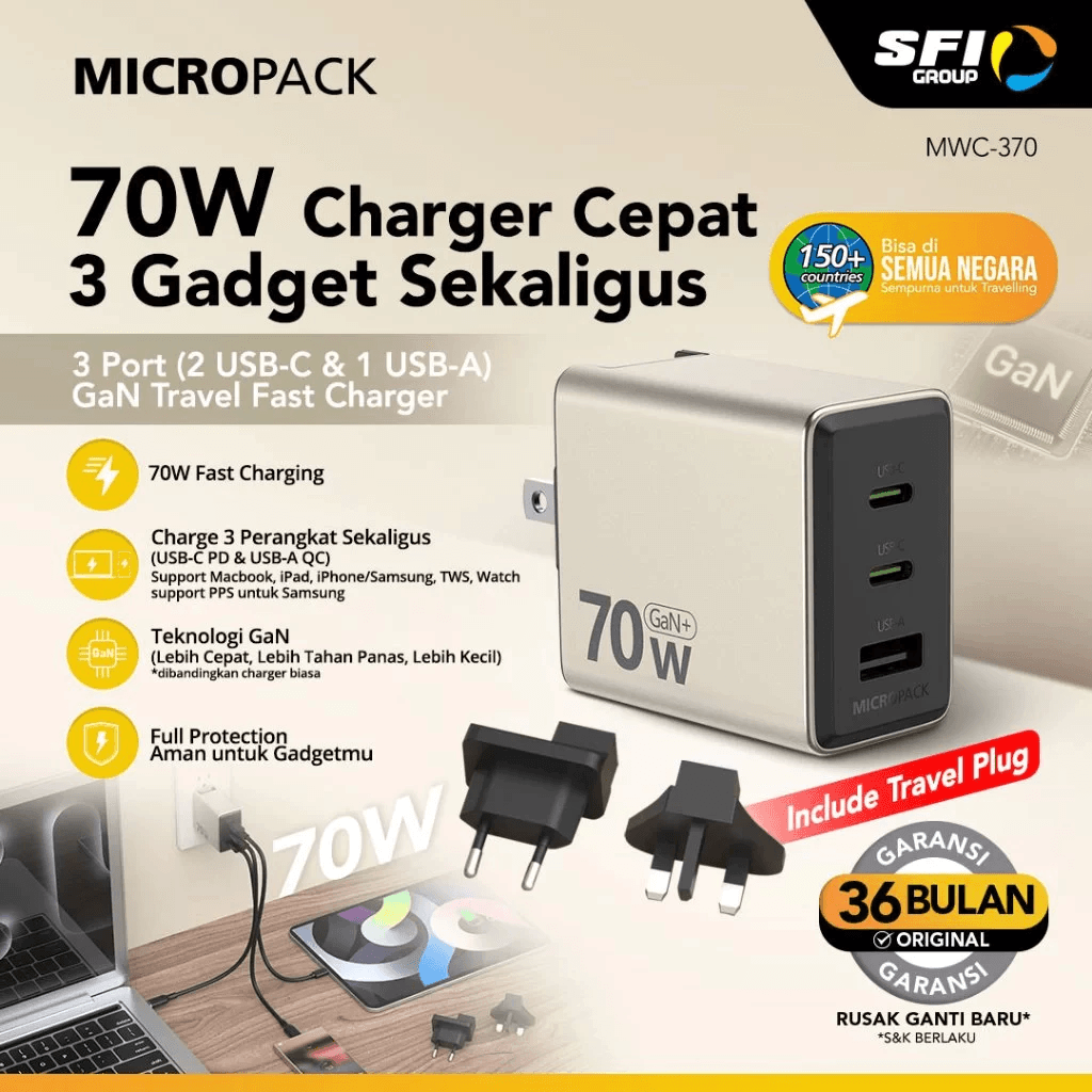 MICROPACK WALL CHARGER WITH TRAVEL ADAPTER - POWER SERVER 35 W - 70 W GaN USB C + USB A - SFI Group