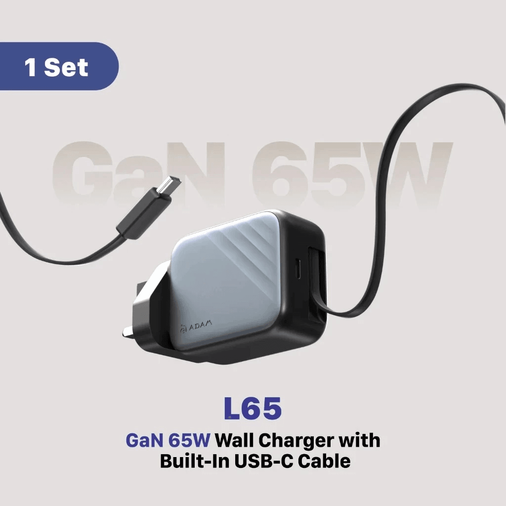 Adam Elements Wall Charger - Fast Charging 35w65w - With Built-In 90cm Retractable USB-C Cable - GaN - 1x USB-C Port - (GrayWhite) - L35L65 - SFI Group - 2