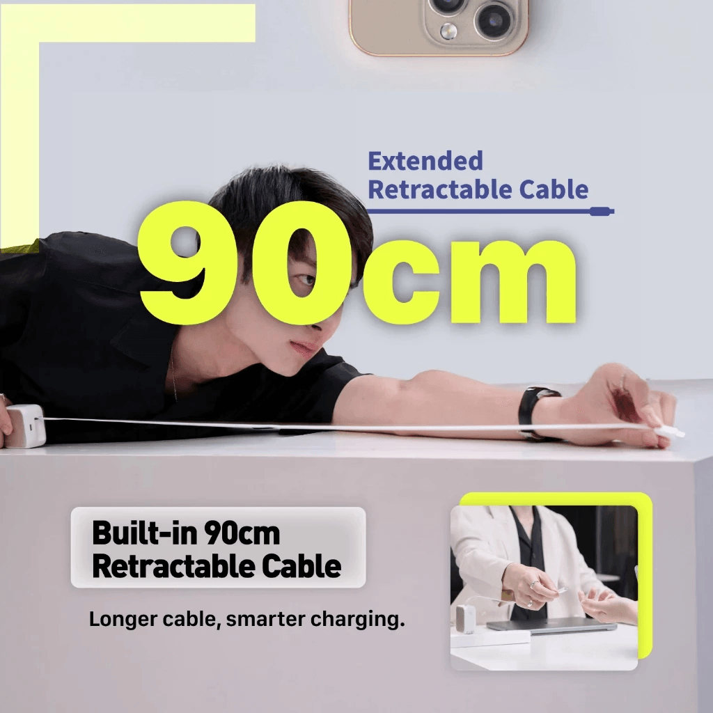 Adam Elements Wall Charger - Fast Charging 35w65w - With Built-In 90cm Retractable USB-C Cable - GaN - 1x USB-C Port - (GrayWhite) - L35L65 - SFI Group - 5