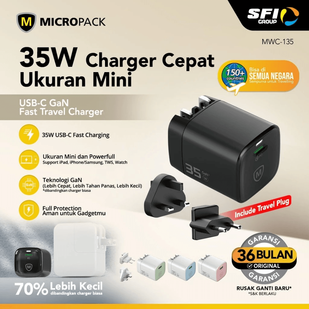 Micropack Mini Wall Charger with Travel Adapter - USB-C Fast Charging - 35watt - GaN - Overcharge Protection - MWC-135 - SFI Group