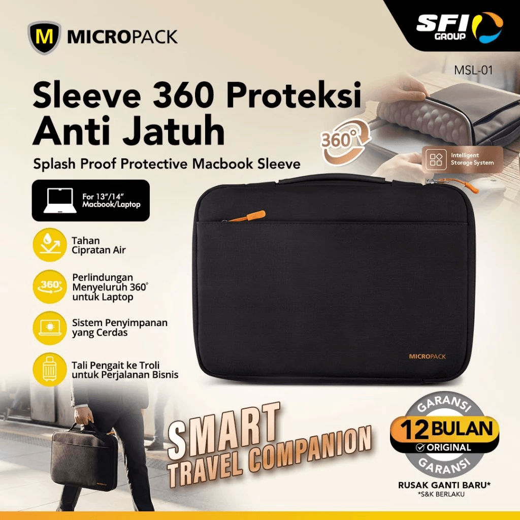 Micropack Sleeve Laptop 13" / 14" inch - Macbook - Water Resistant - Splash Proof & Shock Absorbing - Tas Trolley Strap - MSL - 01