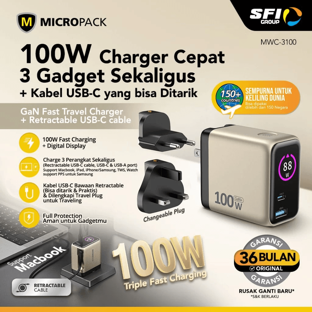 Micropack Wall Charger with Retractable Cable LED Display & Travel Plug - Fast Charging - 100watt - GaN - Cable USB C - Port USB C USB A - MWC-3100 - SFI Group