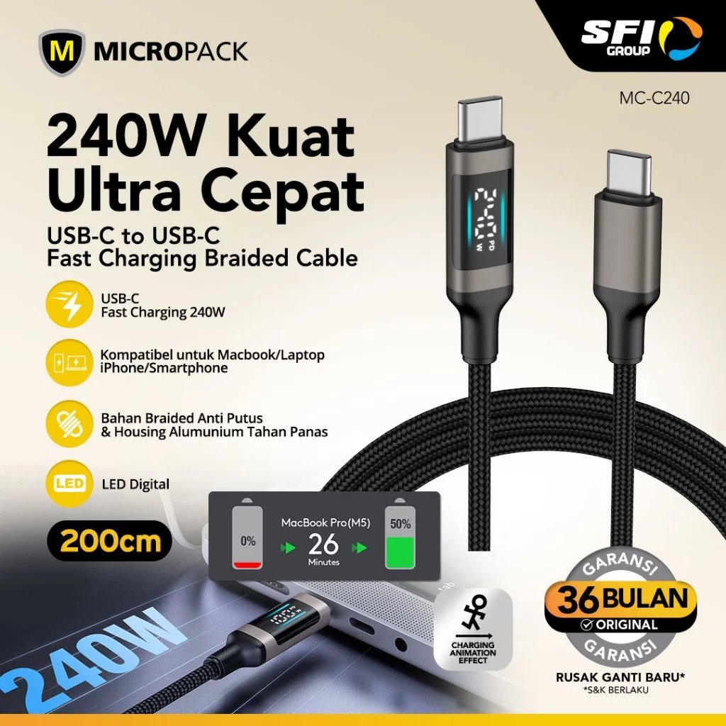 Micropack Cable C to C - Fast Charging & Soft Braided Cable - 240 Watt - LED Display - Kabel Charger 2 Meter - MC-C240 - SFI Group