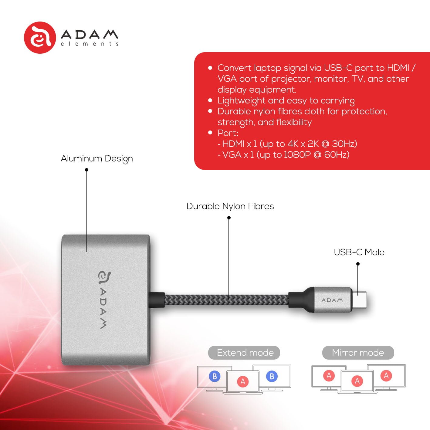 Adam Elements CASA VH1 - Data Converter - Type C (USB-C) To VGA / HDMI - Grey - SFI Group - 3
