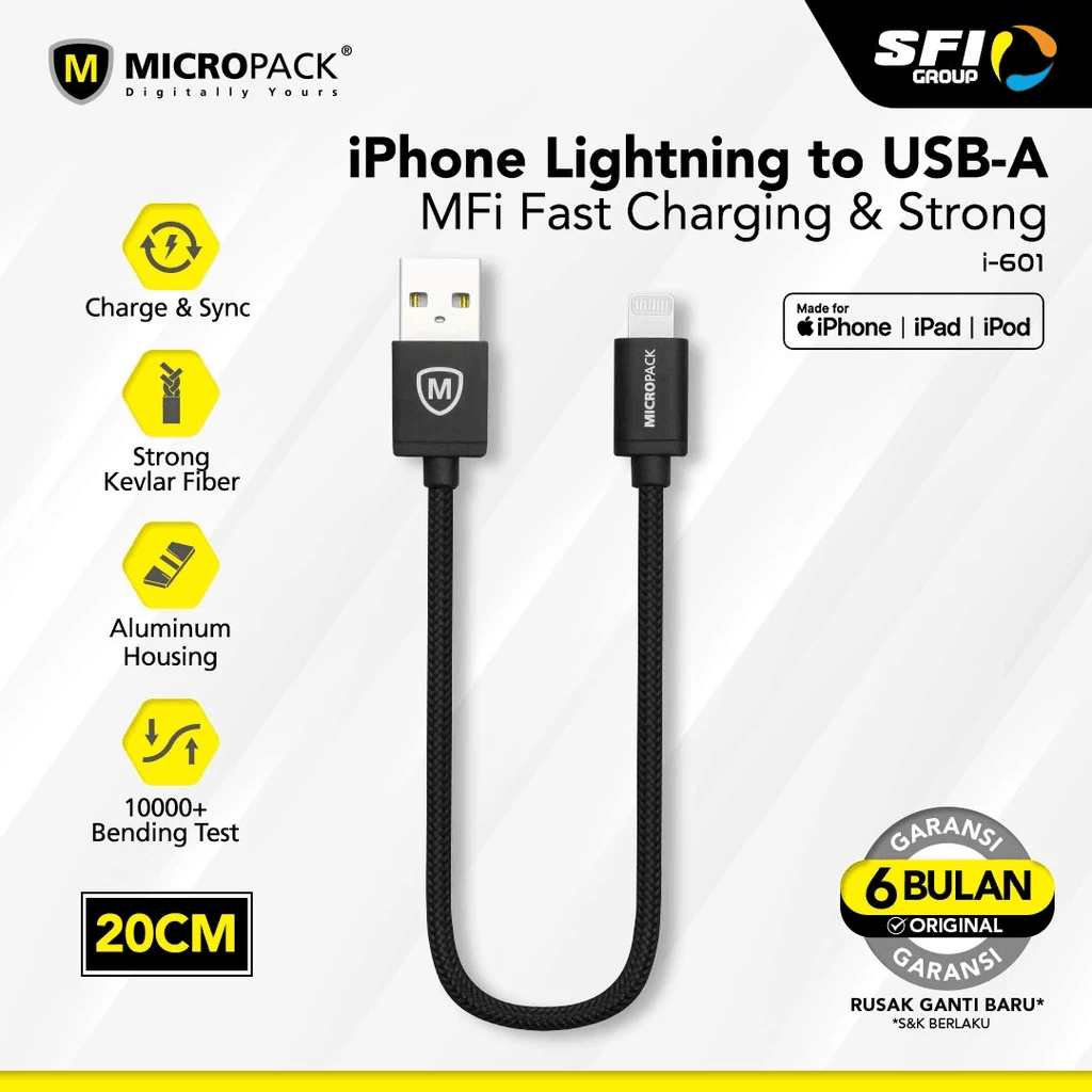 Micropack Cable USB A to Lightning (MFI) 20cm Kabel Charger fast Charging - I-601 - SFI Group - Black