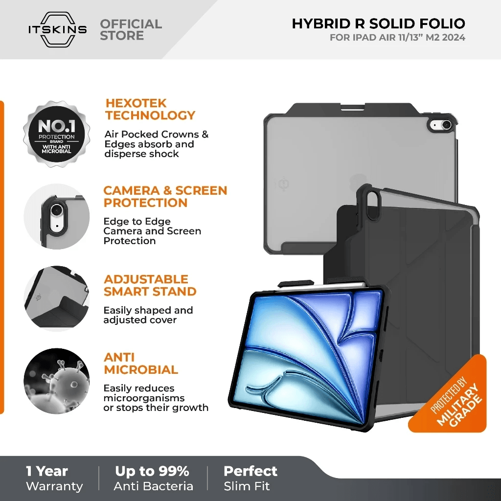 ITSKINS Case iPad Air 11 6ST GEN / 13 inch M2 1ST GEN 2024 - Hybrid R - Solid Folio Casing Black - SFI Group - 11 Inch