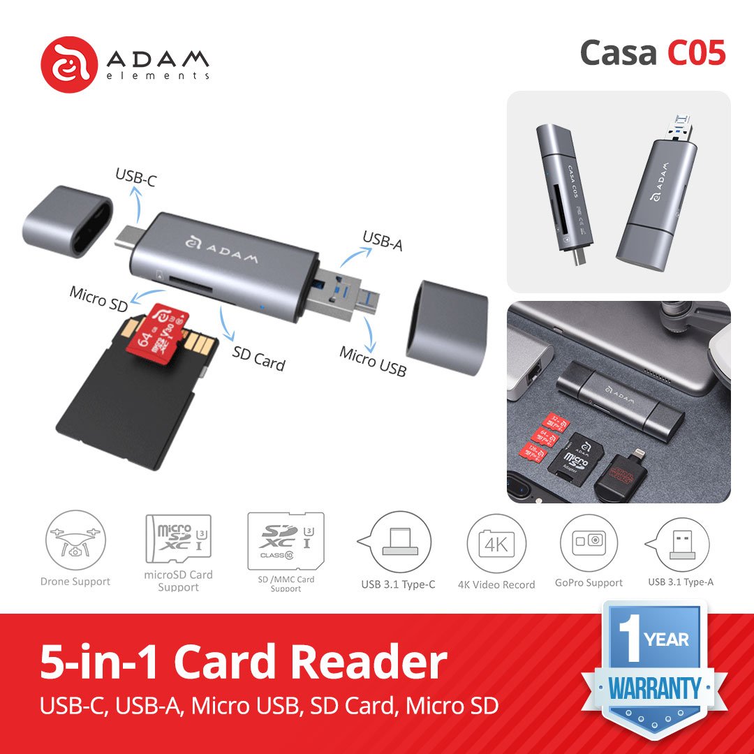Adam Elements CASA C05 - Data Converter - USB 3.1 USB Type C 5-IN-1 OTG - Card Reader - SFI Group - Grey