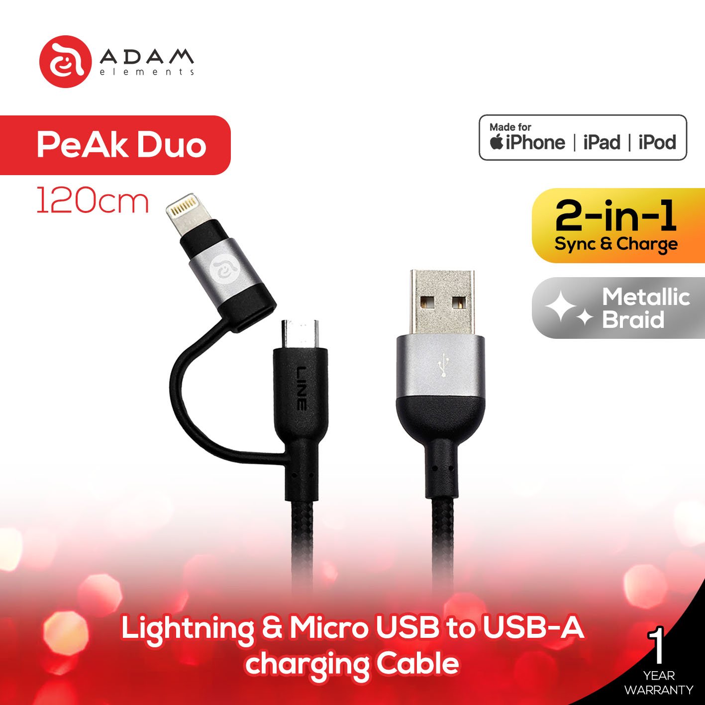 Adam Elements Peak Duo Cable 2 in 1 Lightning Micro USB 120cm MFi - SFI Group - Grey
