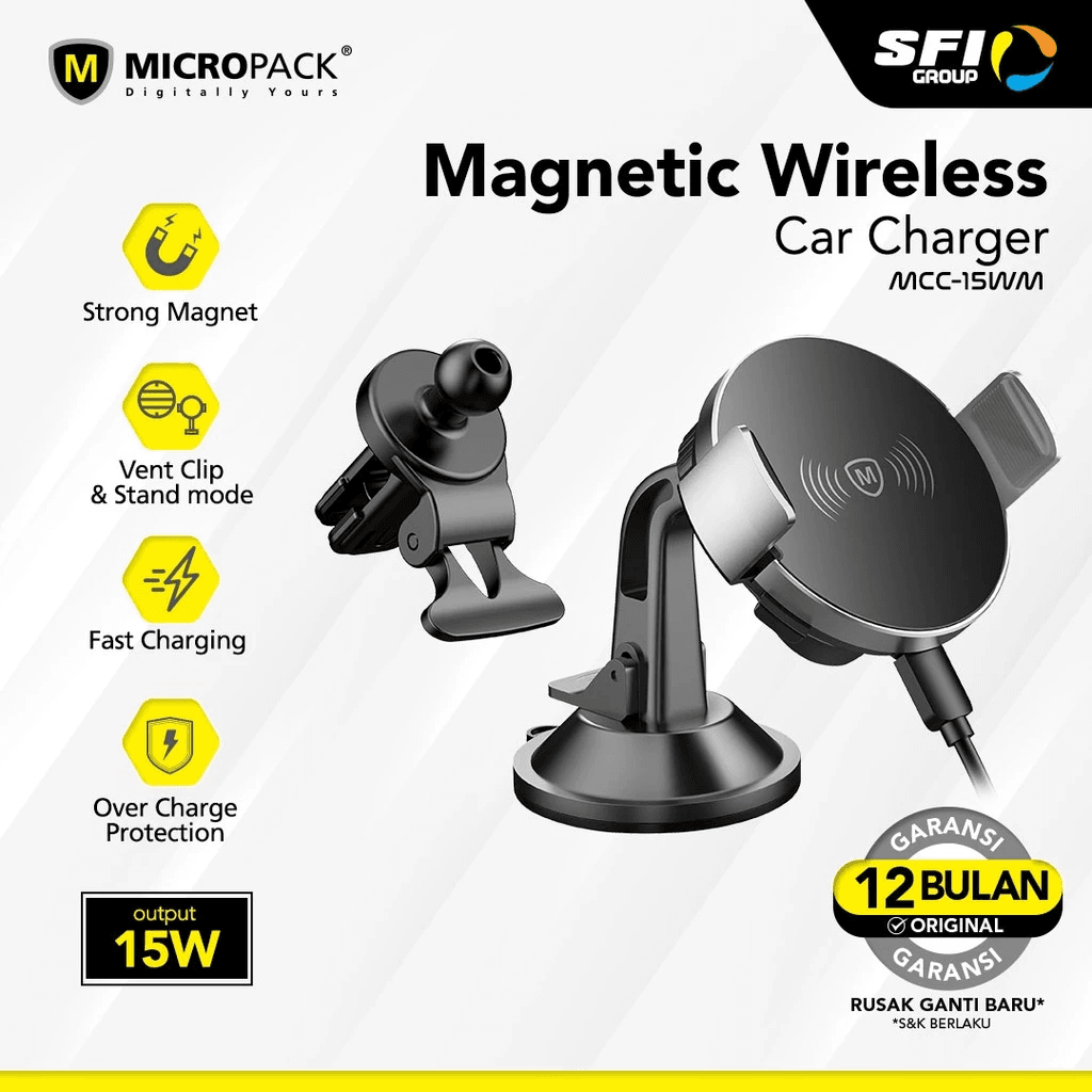 MAGNETIC CAR CHARGER WIRELESS 15WATT MICROPACK MOUNT MCC - 15WM BLACK - SFI Group