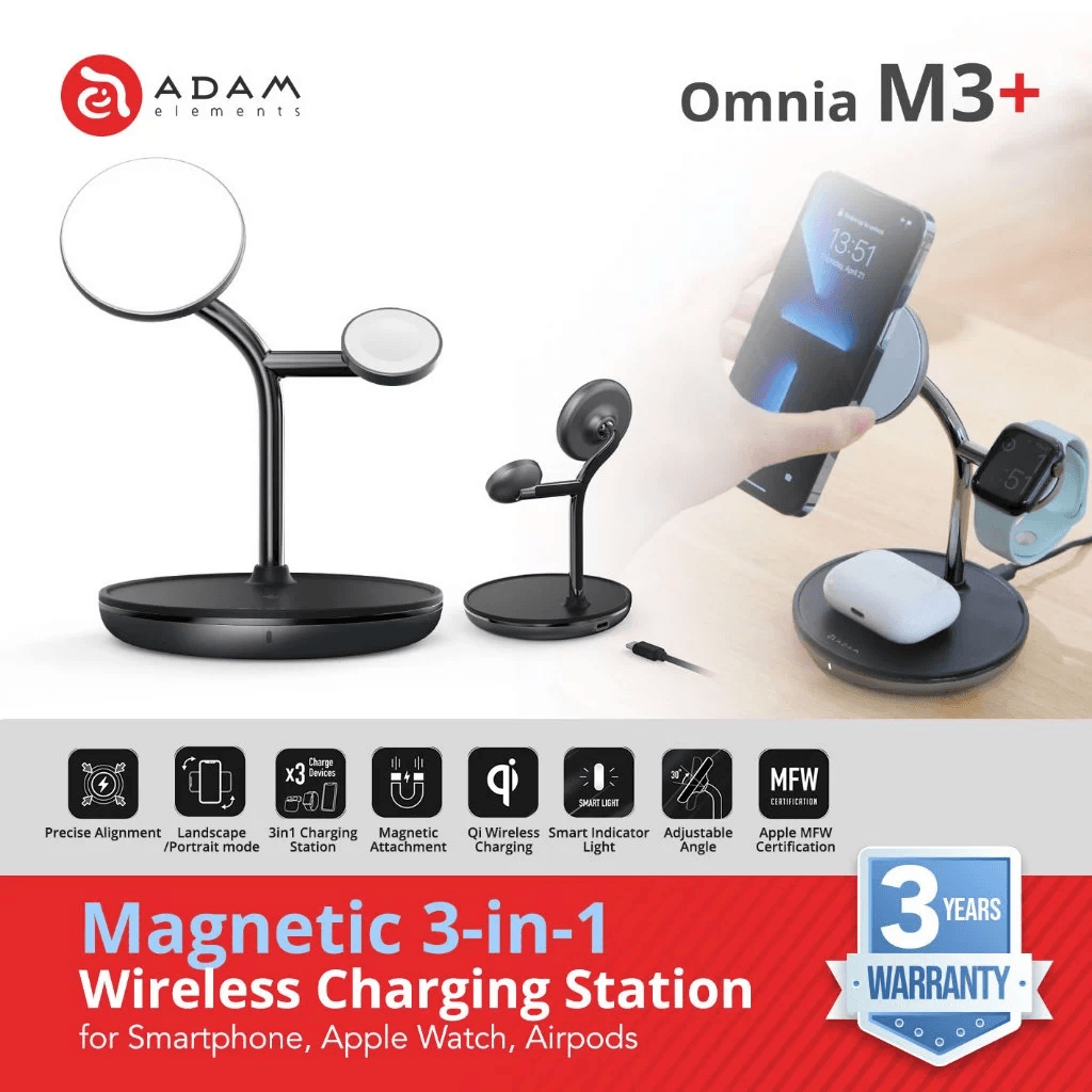 Adam Elements - Magnetic Wireless 3-In-1 Charger Charging Station - Omnia M3+ - Black - SFI Group