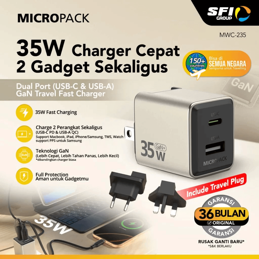 MICROPACK WALL CHARGER WITH TRAVEL ADAPTER - POWER SERVER 35 W - 70 W GaN USB C + USB A - SFI Group - 2