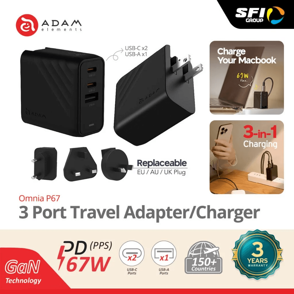 Adam Elements - Wall Charger - Travel Adapter - 3 Port - 67W Gan - P67 - Black - SFI Group