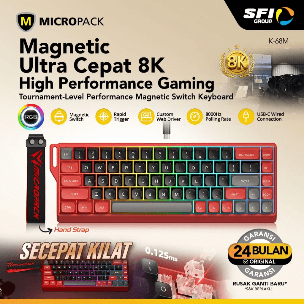 Micropack K-68M Keyboard Gaming Magnetic Switch RGB Gamer - 68 Keycaps - Silent Keys - Red - SFI Group