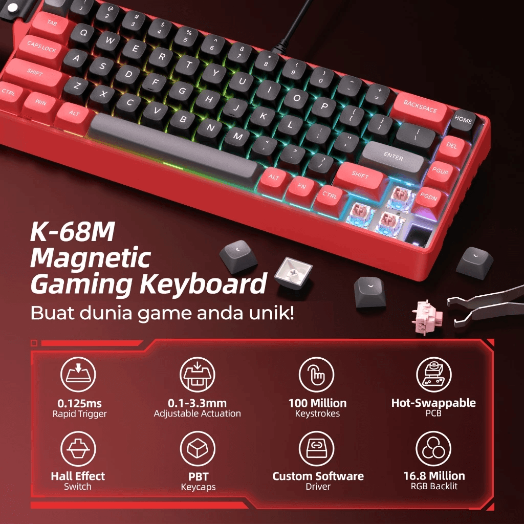 Micropack K-68M Keyboard Gaming Magnetic Switch RGB Gamer - 68 Keycaps - Silent Keys - Red - SFI Group - 4