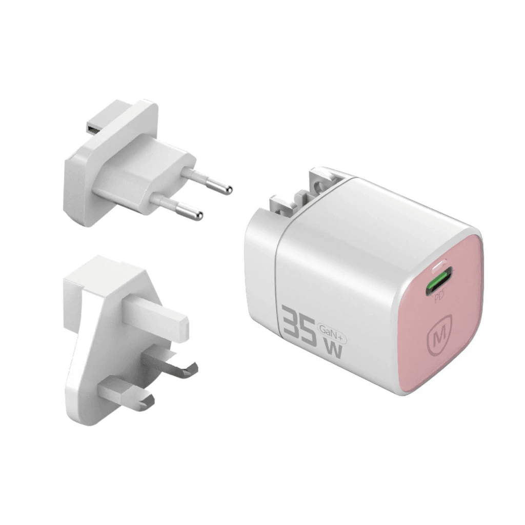 Micropack Mini Wall Charger with Travel Adapter - USB-C Fast Charging - 35watt - GaN - Overcharge Protection - MWC-135 - SFI Group - Pink