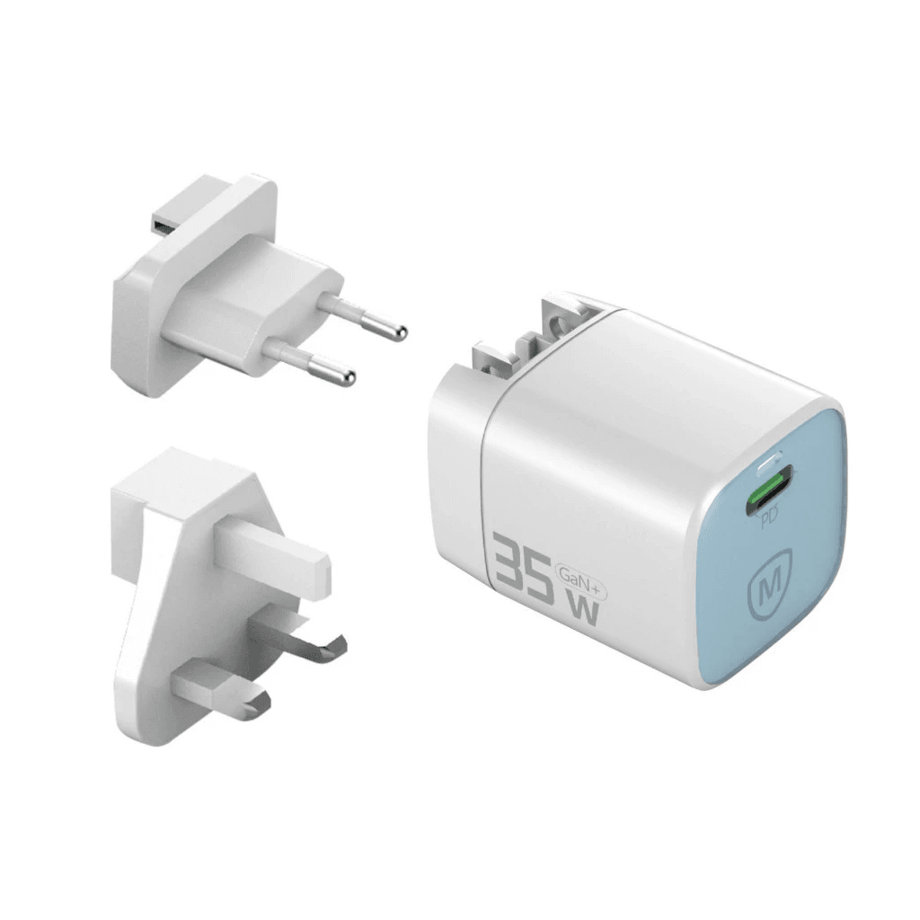 Micropack Mini Wall Charger with Travel Adapter - USB-C Fast Charging - 35watt - GaN - Overcharge Protection - MWC-135 - SFI Group - Blue