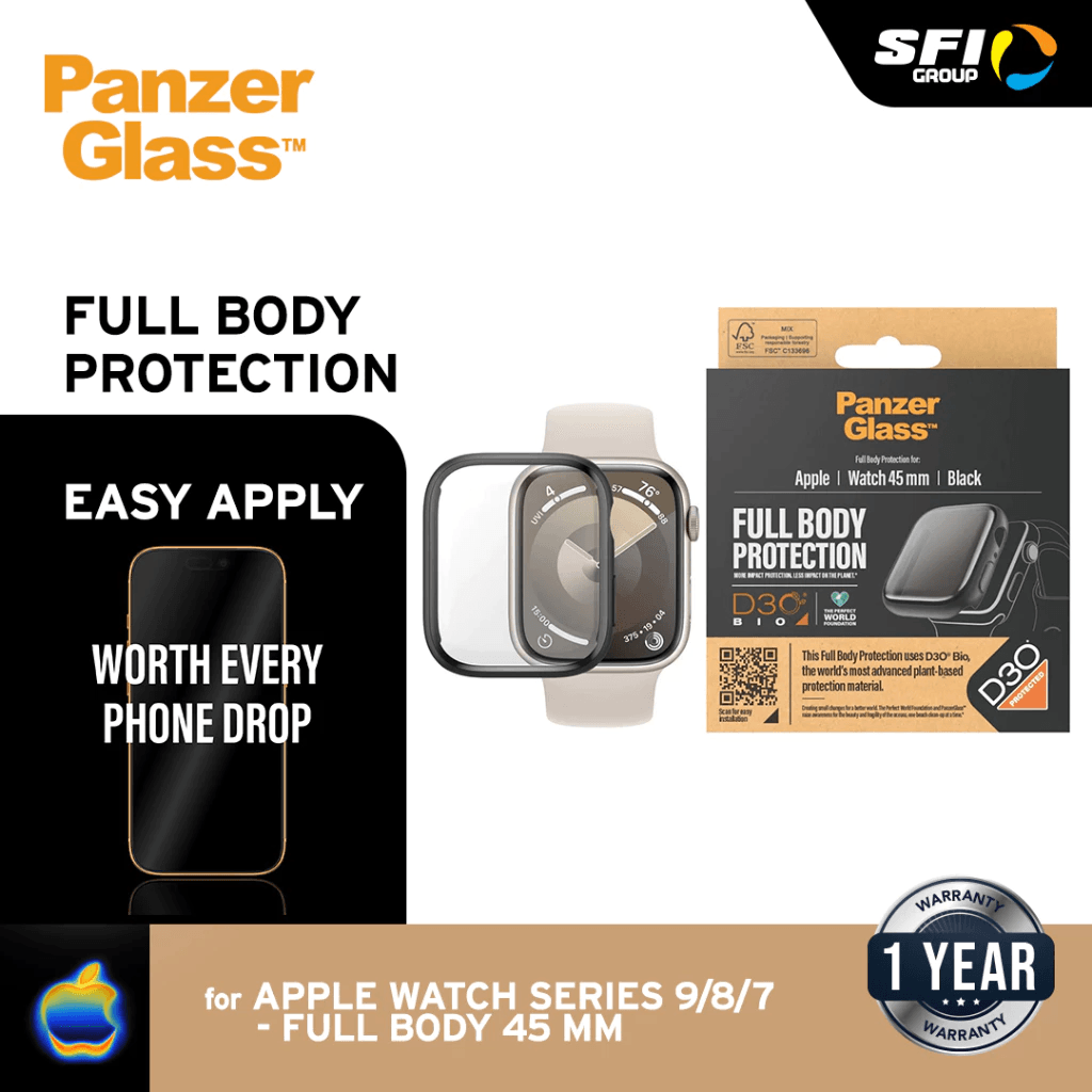 PanzerGlass Screen Protector Apple Watch Full Body with D30 S9/8/7 | Ultra Case Apple Watch 45mm Tempered Glass Anti Gores - SFI Group - Clear
