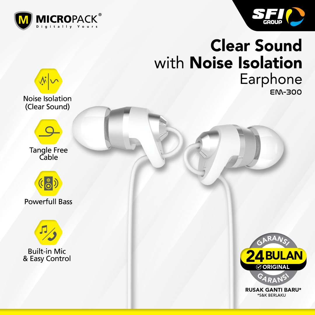 Micropack Earphone/Headset - Stereo - Noise Isolation - Microphone - EM-300 - EM-300.SLV